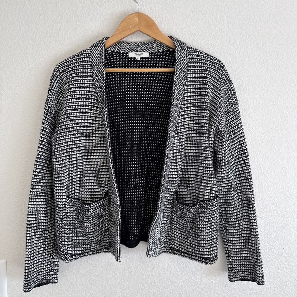 Madewell Cardigan Women Medium Black White Knit Tweed Open Front Cocoon Classic